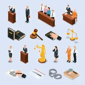Símbolos da advocacia, como balança da justiça, martelo de madeira, Têmis, venda, beca e livros.