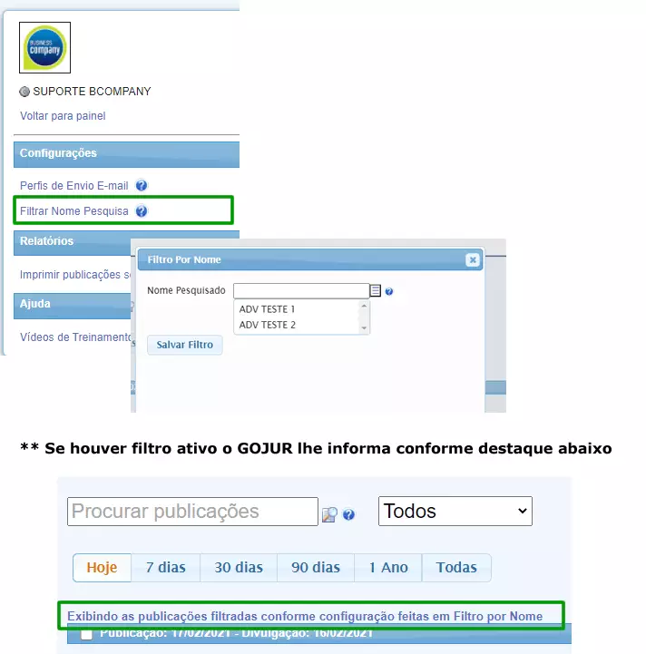 , Integra&ccedil;&atilde;o com WhatsAPP e Filtro de Publica&ccedil;&otilde;es no GOJUR