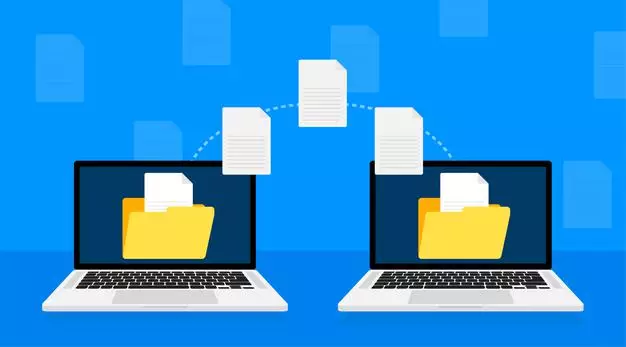 Ilustração de migração de software entre computadores.
