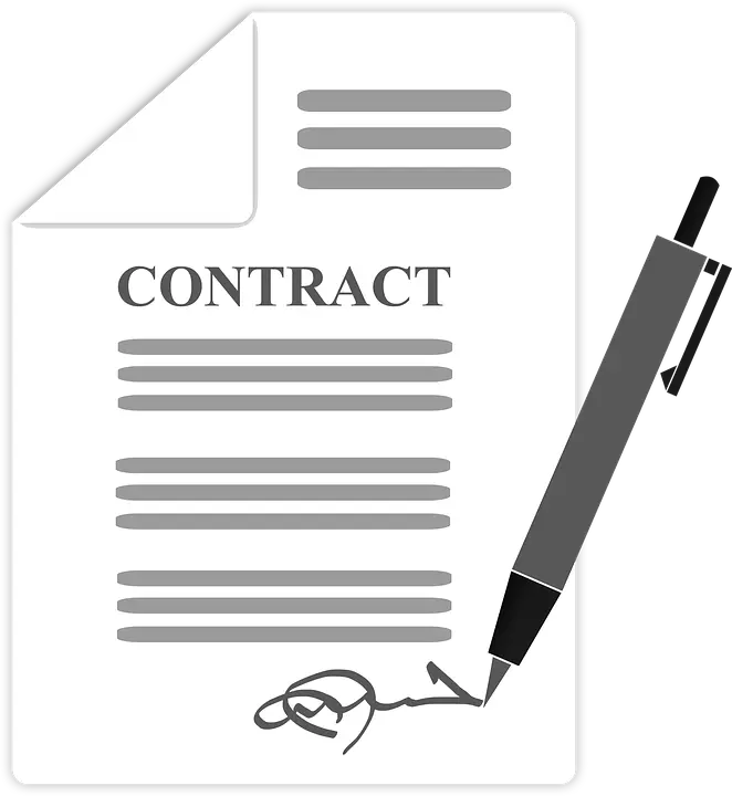 Ilustração de um contrato e uma caneta.
