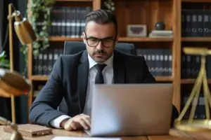 Advogado concentrado utilizando um software jurídico.