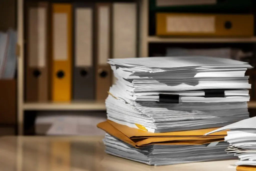 Papéis empilhados sobre uma mesa com uma estante ao fundo, representando a litigância predatória.