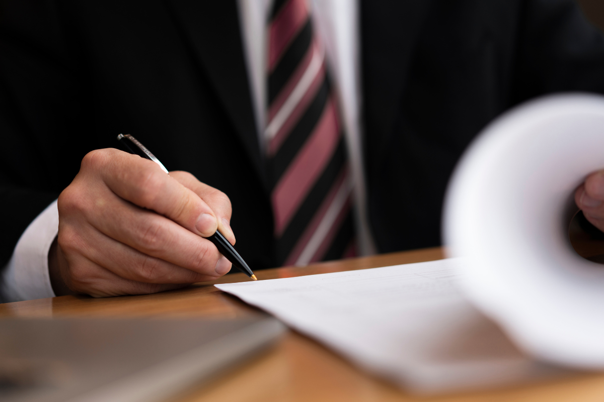 Corte de imagem de um homem de terno assinando um documento, para ilustrar a montagem de peças jurídicas da Business Company.